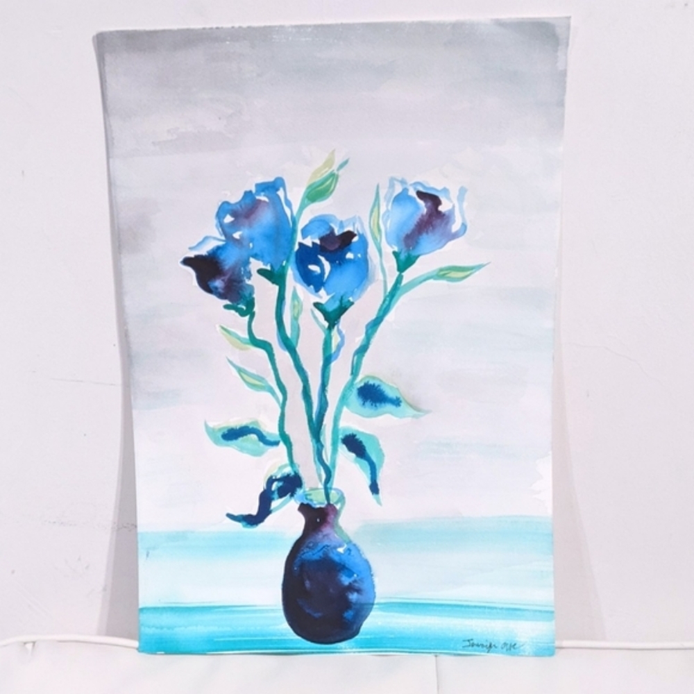 Original Signed Watercolor Painting Blue Roses - Picture 7 of 13
